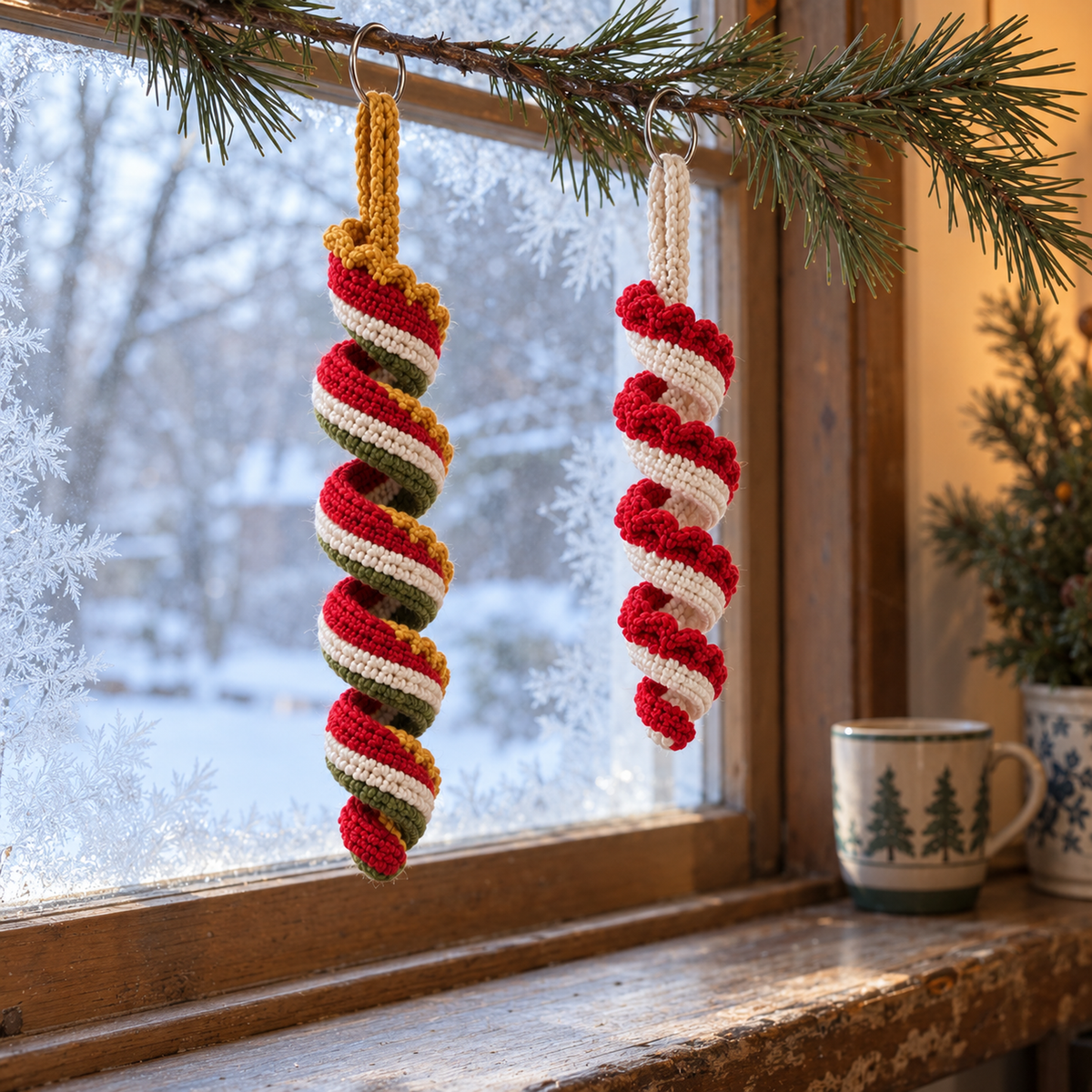 A red, ivory and green crochet spiral with gold trim and a shorter red-and-ivory spiral hanging beside a frosty wooden window.