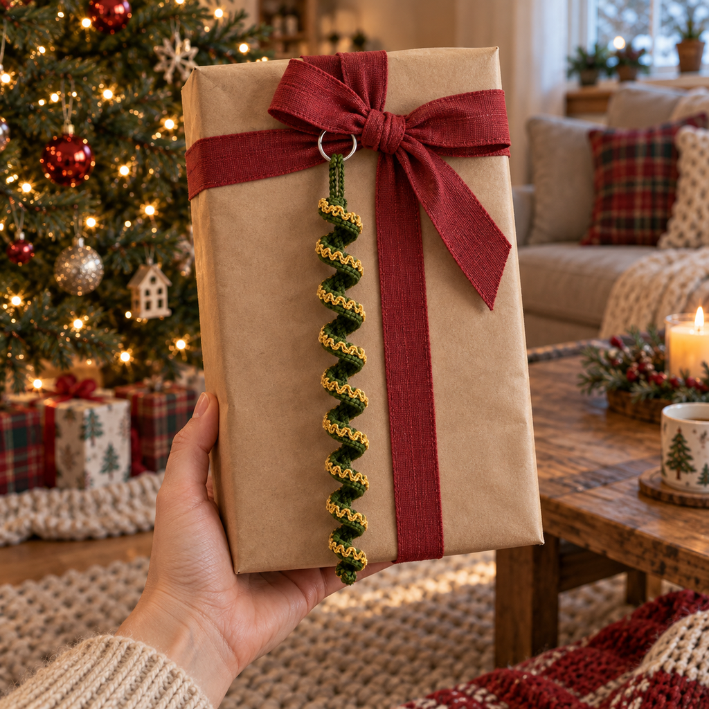 A long green crochet spiral with gold trim hanging from a red bow on a kraft-paper present held up by an adult hand.