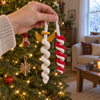 An adult hand holding an ivory-and-gold crochet Angel and a red-and-ivory spiral ornament by their yarn loops beside a Christmas tree.