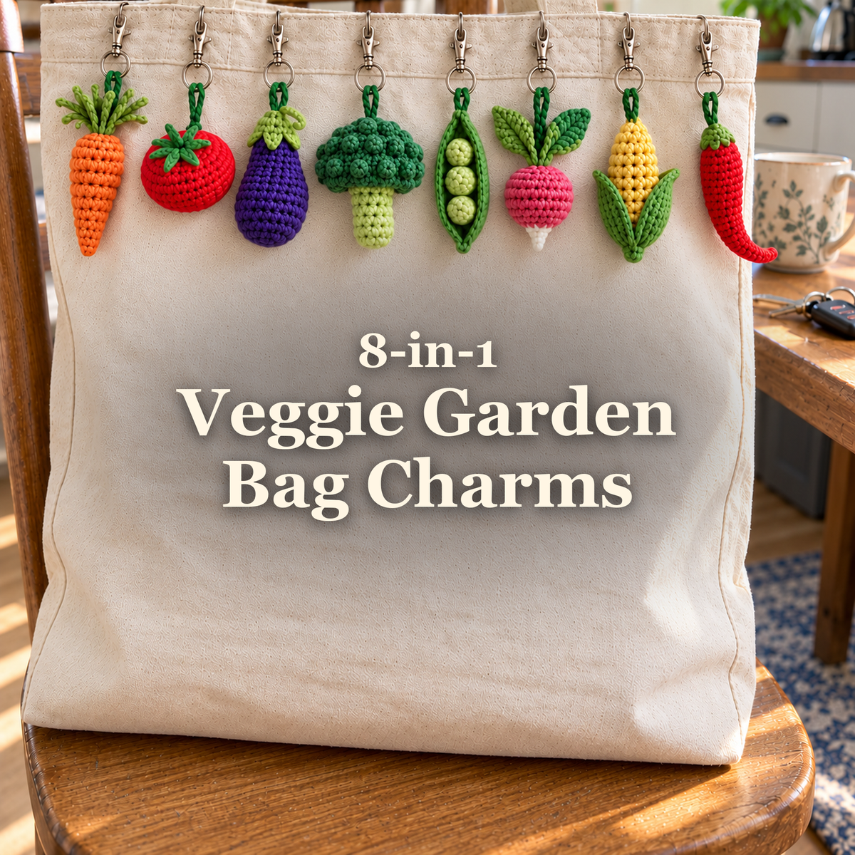 Eight small crochet vegetable bag charms hanging from a canvas market tote, with the title 8-in-1 Veggie Garden Bag Charms.