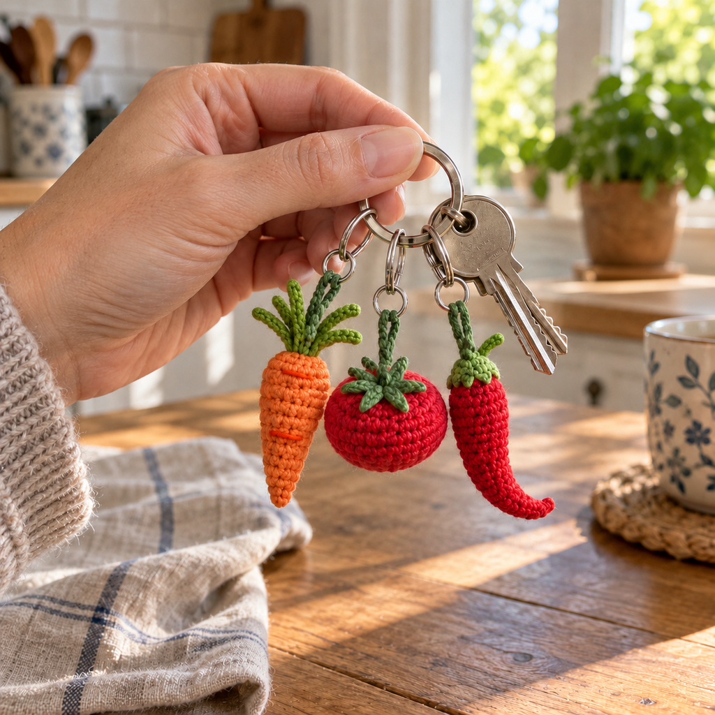 An adult hand holding keys with a crochet carrot, tomato and curved red chili on small yarn loops and keyrings.