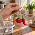 An adult hand holding keys with a crochet carrot, tomato and curved red chili on small yarn loops and keyrings.