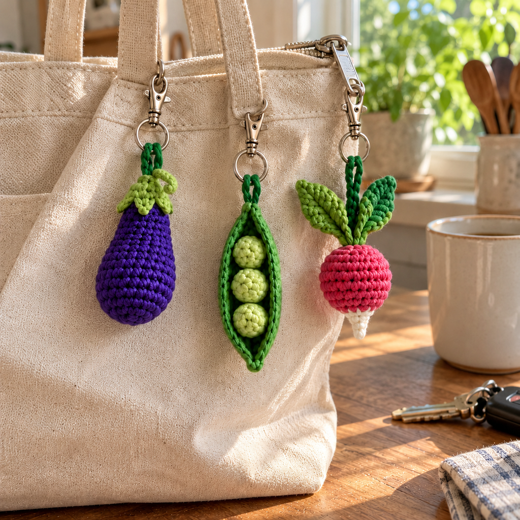 A crochet eggplant, open three-pea pod and white-tipped radish hanging from a canvas market tote in a sunny kitchen.