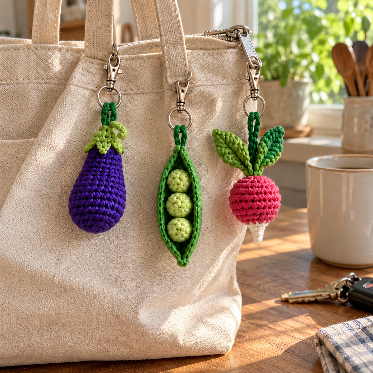 A crochet eggplant, open three-pea pod and white-tipped radish hanging from a canvas market tote in a sunny kitchen.