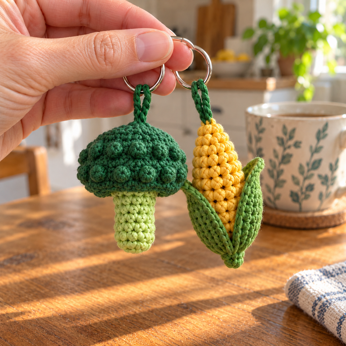 Close view of a bumpy crochet broccoli crown and a yellow corn cob with kernel bobbles and two green husk leaves, beside an adult hand and a mug.