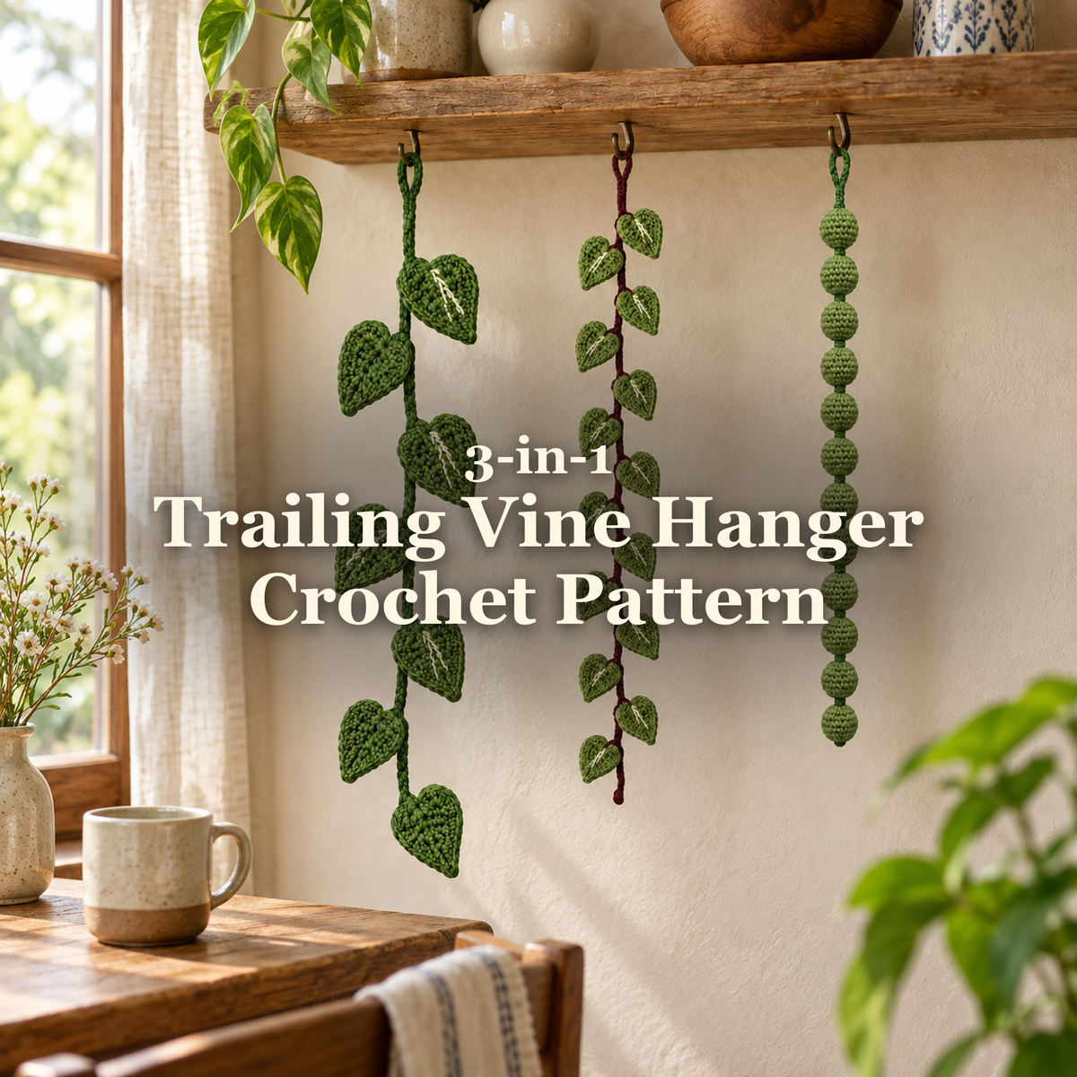 Pothos, String of Hearts and String of Pearls crochet hangers beside a window beneath a wooden shelf, with the title 3-in-1 Trailing Vine Hanger Crochet Pattern.