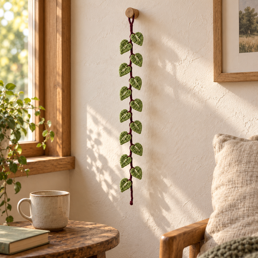 A String of Hearts crochet hanger with sage leaves, cream centre streaks and a wine-coloured cord beside a window in a reading corner.