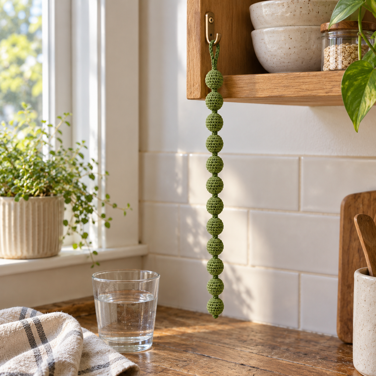 A String of Pearls crochet hanger with small sage-green yarn balls hanging from a kitchen shelf above a wooden counter and water glass.