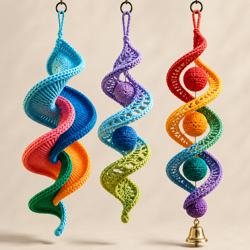 Three crochet wind spinners side by side: a wide rainbow ribbon spiral, a purple and green lace spiral with three stuffed balls, and a double helix with three balls and a small brass bell