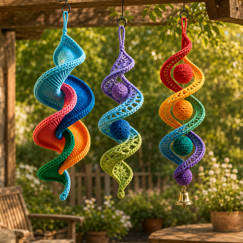 Three crochet wind spinners hanging from a wooden pergola beam over a garden, with a bench and planted borders softly blurred behind them