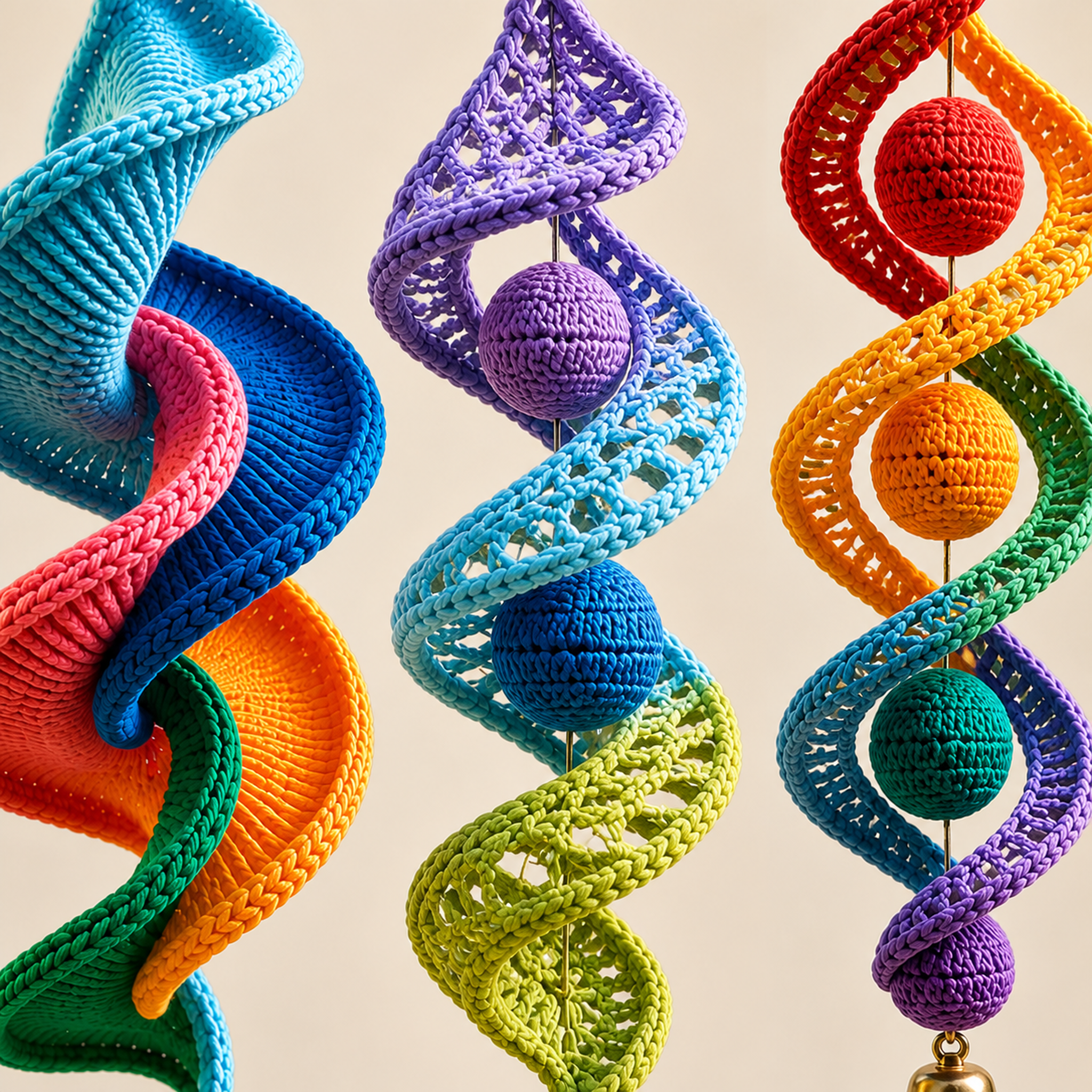 Close-up of the crocheted ribbon and its increase rows, the stitches that make the strip curl into a spiral on its own