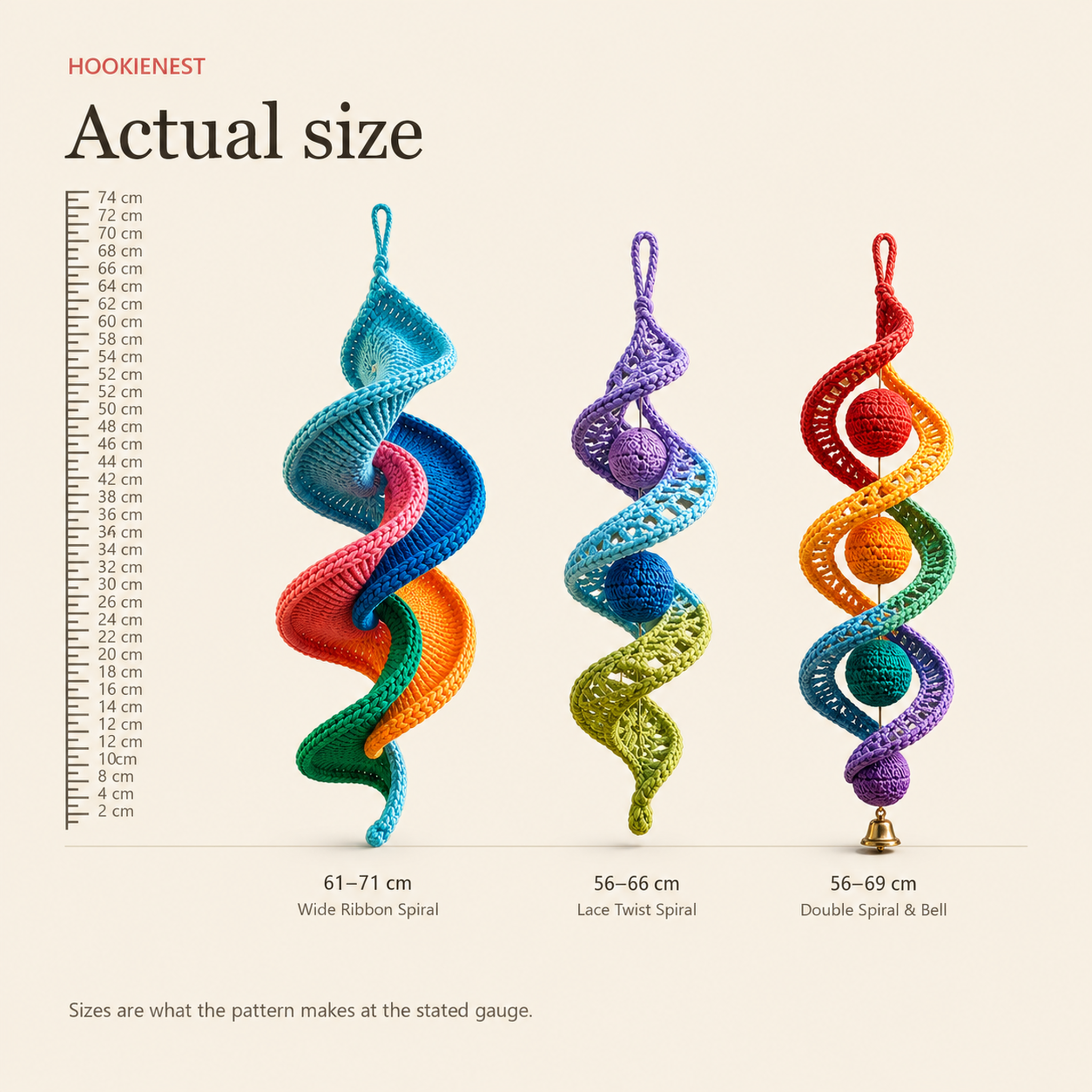 Size chart: Wide Ribbon Spiral 61 to 71 cm, Lace Twist Spiral 56 to 66 cm, Double Spiral and Bell 56 to 69 cm