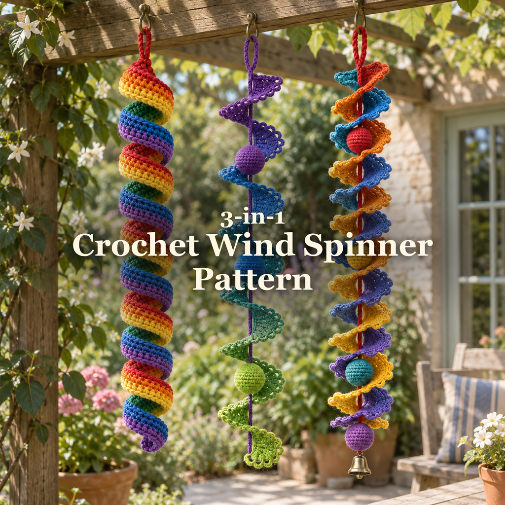 Three colourful crochet wind spinners hanging from hooks beneath a wooden porch beam: 3-in-1 Crochet Wind Spinner Pattern