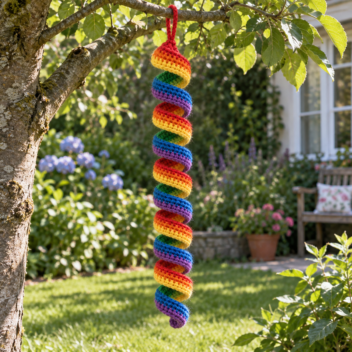A rainbow crochet ribbon spinner hanging from a tree branch above a sunlit lawn