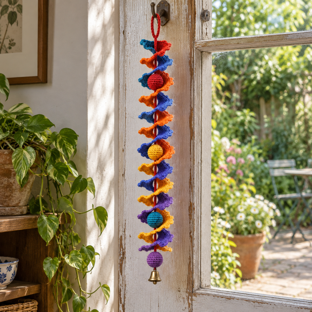 A warm and cool coloured double crochet spiral with four balls and a small brass bell hanging beside a garden door
