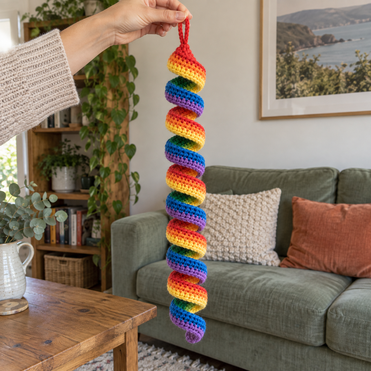 An adult hand holding a rainbow crochet ribbon spinner by its loop in a living room