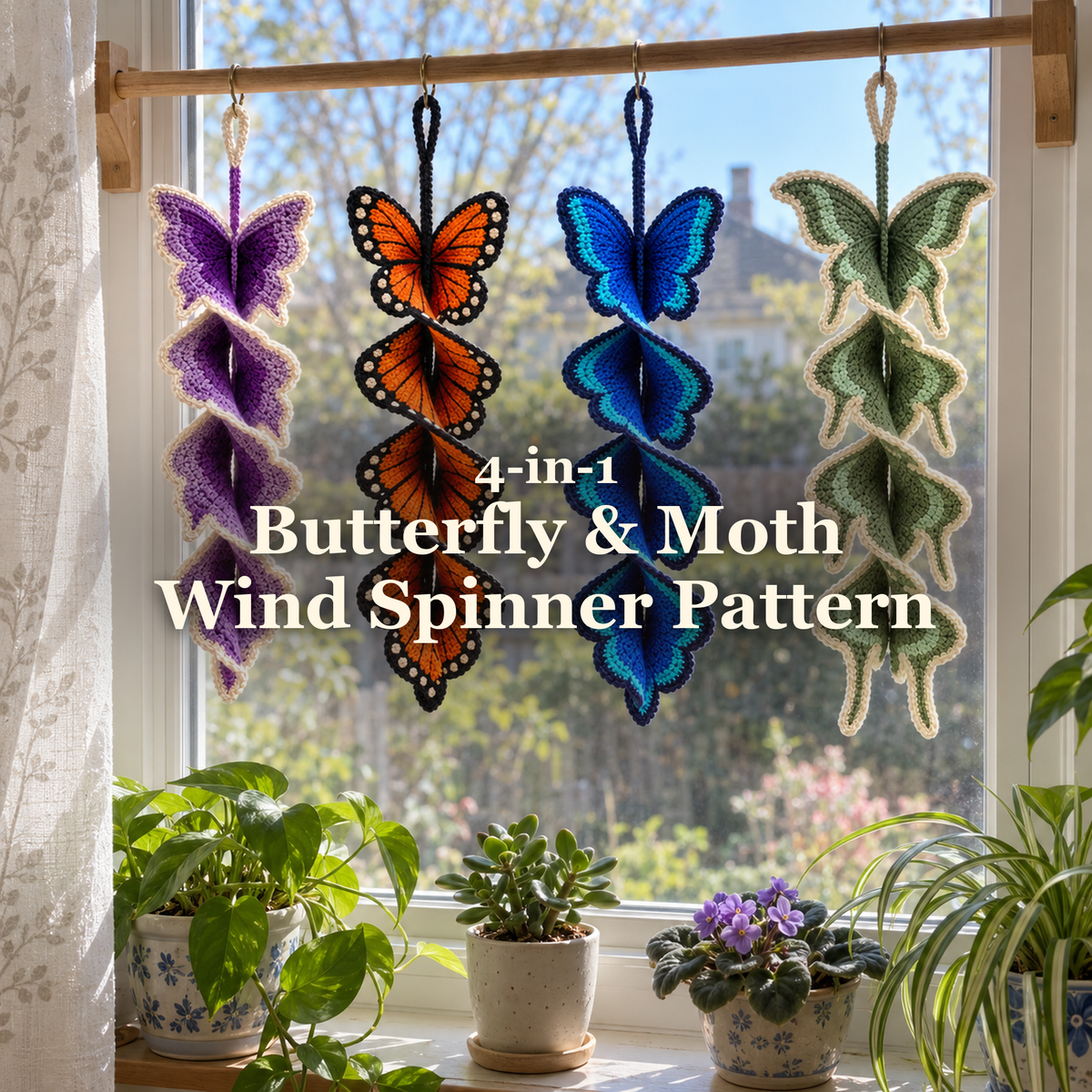 Four crochet butterfly and moth wind spinners hanging at a sunlit window: 4-in-1 Butterfly & Moth Wind Spinner Pattern