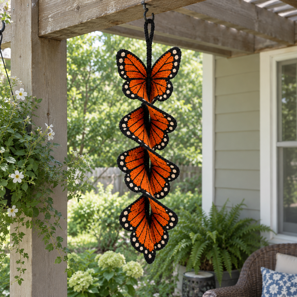 An orange and black crochet Monarch butterfly spinner hanging from a wooden porch beam.