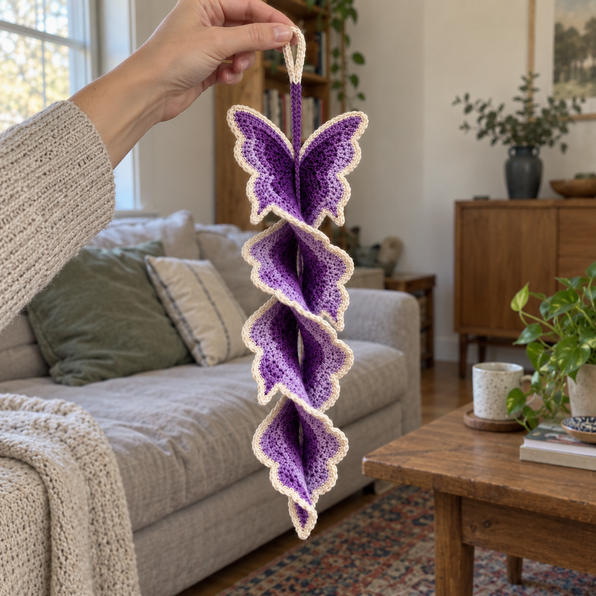 A hand holding the hanging loop of a purple crochet Swallowtail spinner in a living room