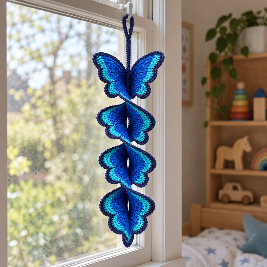 A cobalt blue and turquoise crochet Morpho spinner hanging in a bedroom window