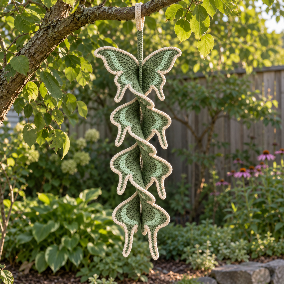 A sage and cream crochet Luna Moth spinner hanging from a garden tree branch