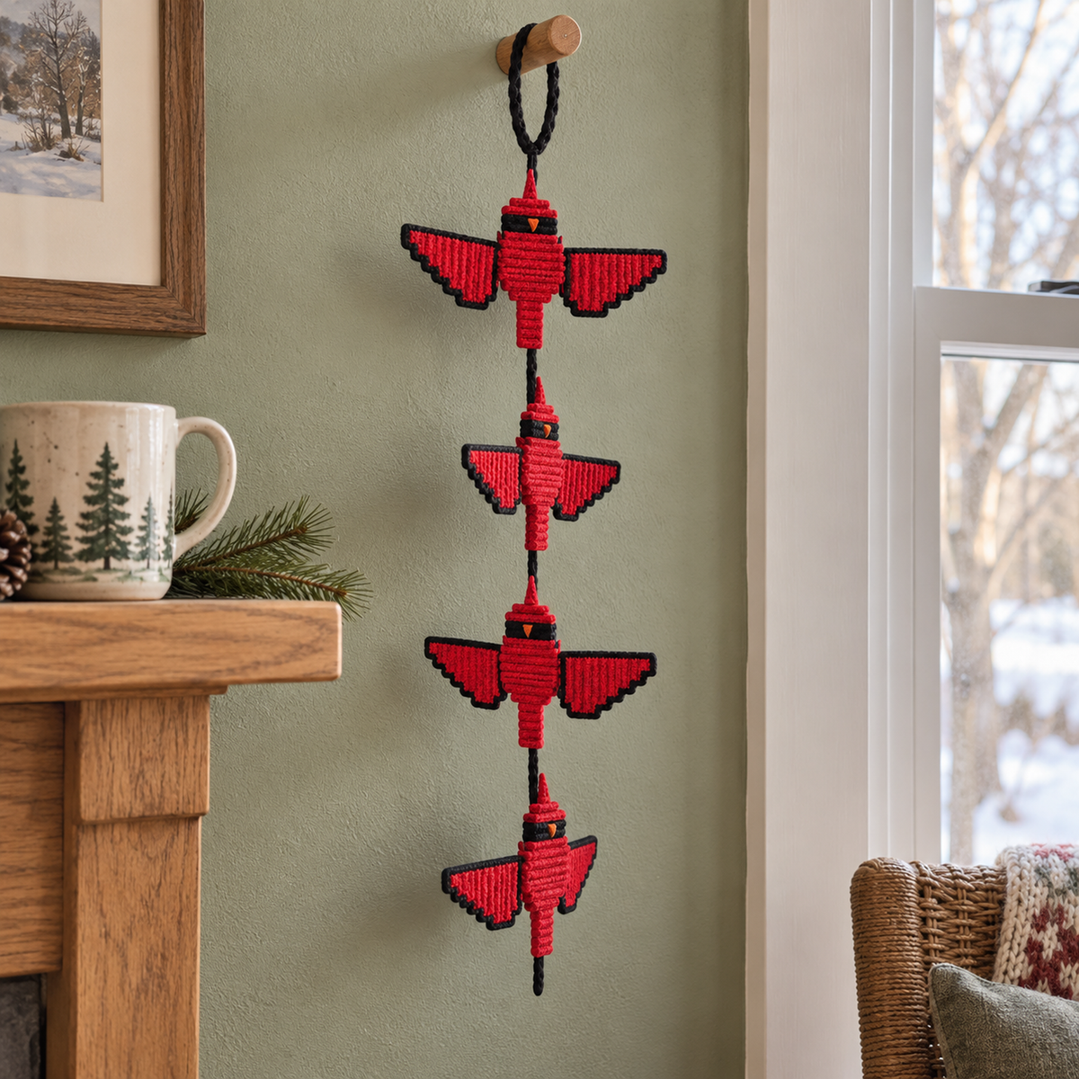 A red Cardinal crochet wind spinner with black-edged wings hangs from a wooden peg beside a window and a mantel with a winter mug.