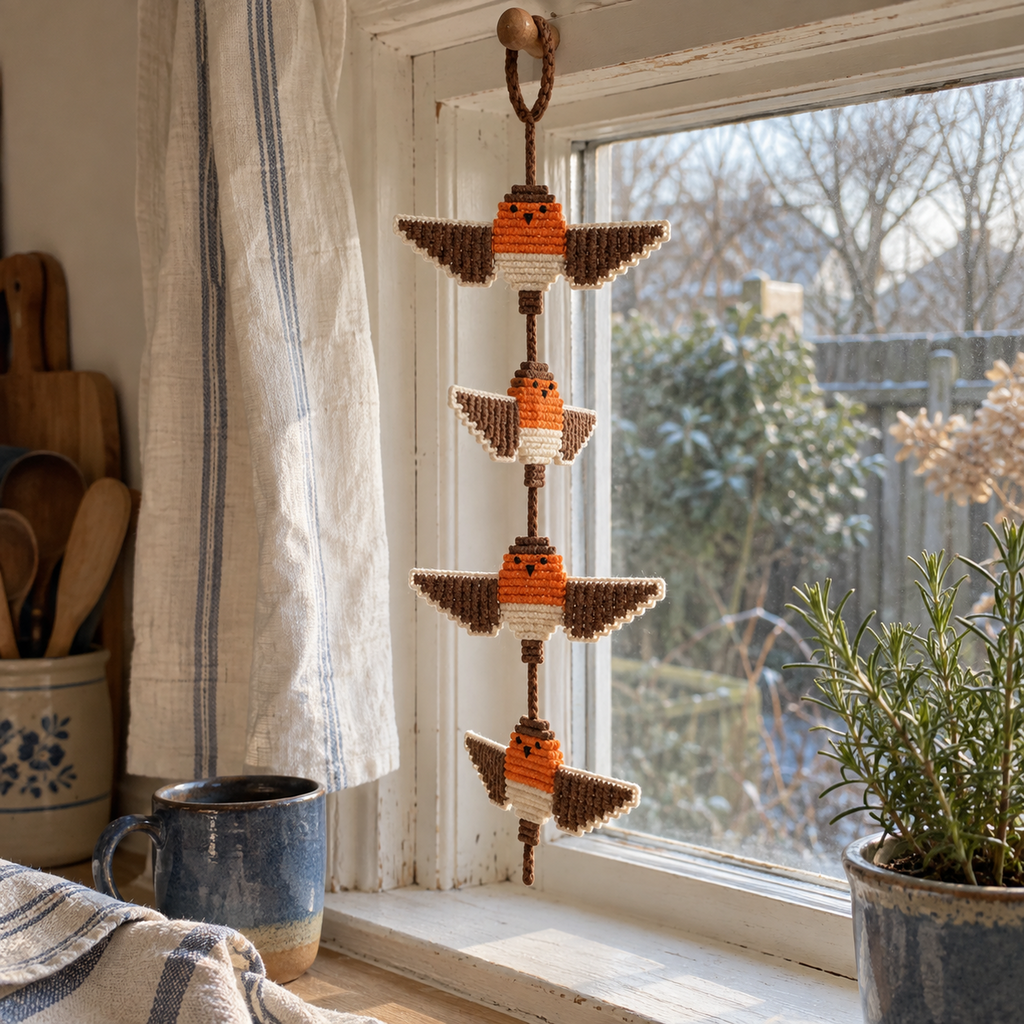 An orange-breasted Robin crochet wind spinner with brown wings and cream bellies hangs at a kitchen window beside a blue mug and rosemary plant.