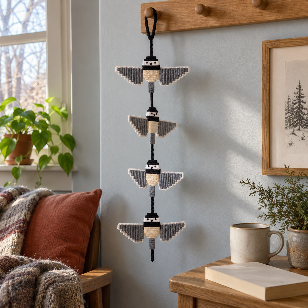 A black-capped Chickadee crochet wind spinner with grey wings and cream bellies hangs on a wooden peg rail beside a reading chair and side table.