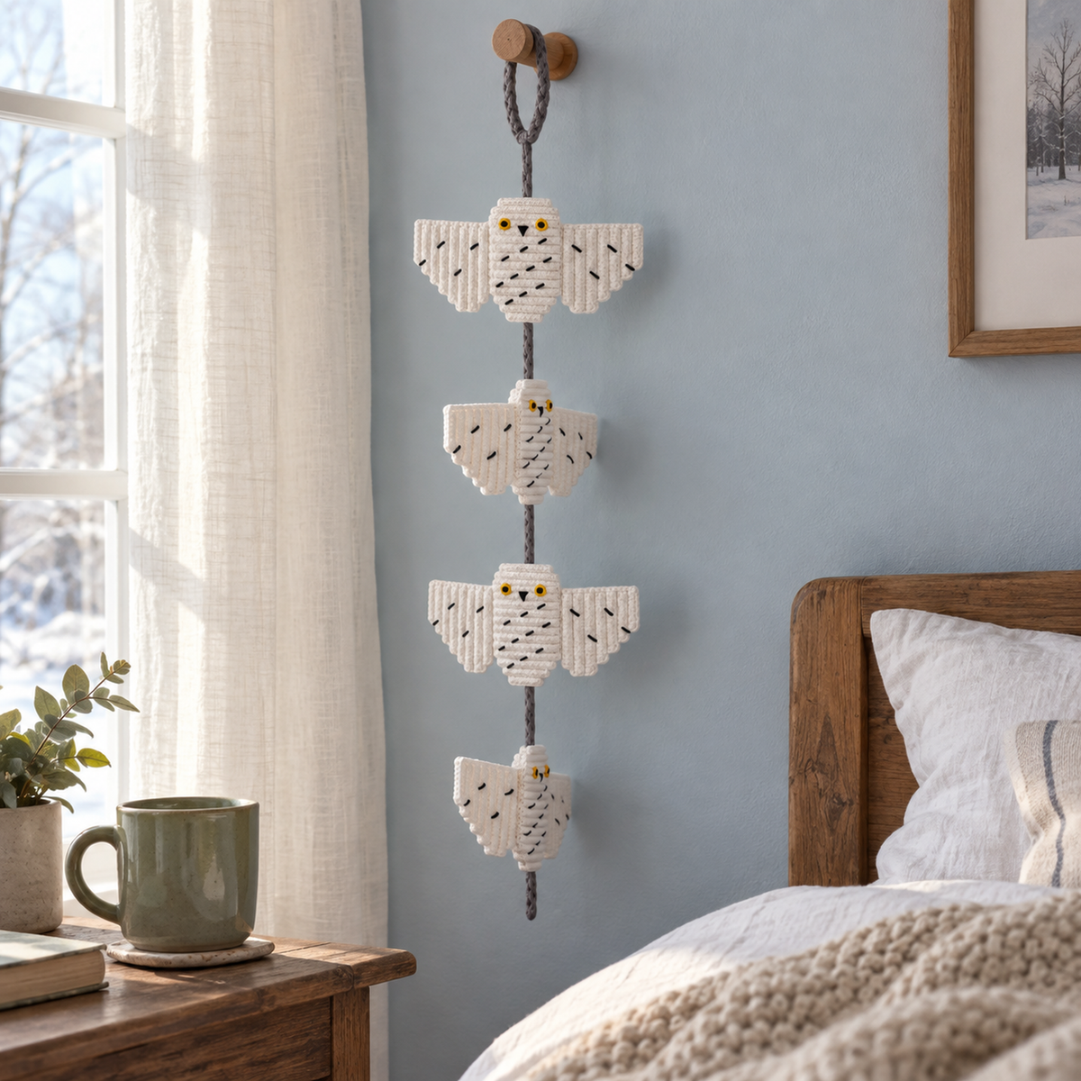 A white Snowy Owl crochet wind spinner with yellow eyes and black stitched flecks hangs beside a bedroom window above a bedside table.