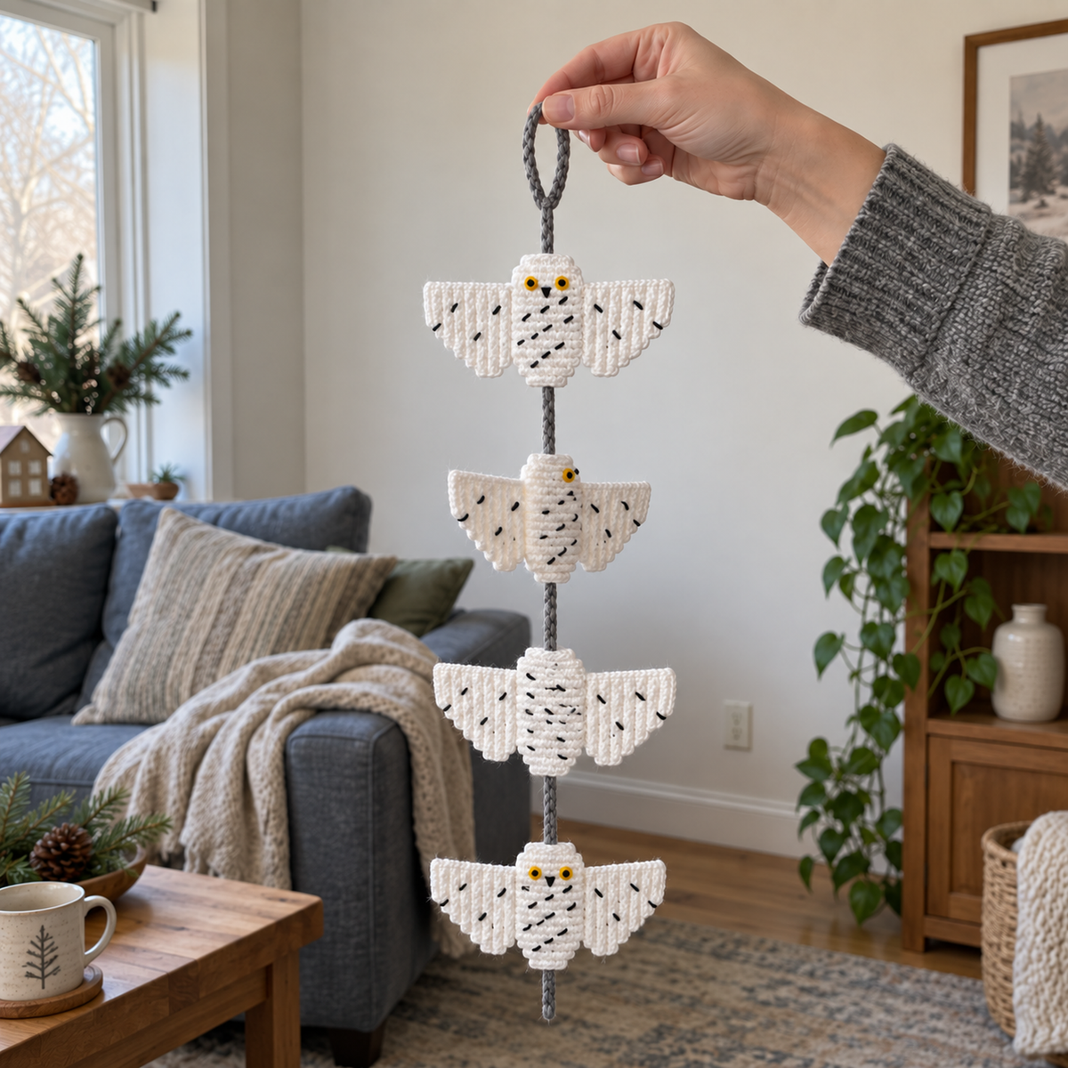 An adult hand holds a grey crochet loop with four white Snowy Owl tiers hanging below it in a sitting room.