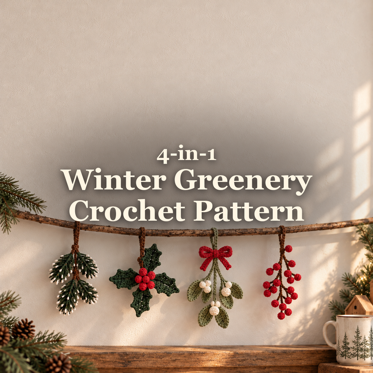 Four crocheted winter greenery ornaments hang separately from a rustic wooden branch against a warm cream wall: Snowy Pine Sprig, Holly, Mistletoe and Winterberry. The title reads 4-in-1 Winter Greenery Crochet Pattern.