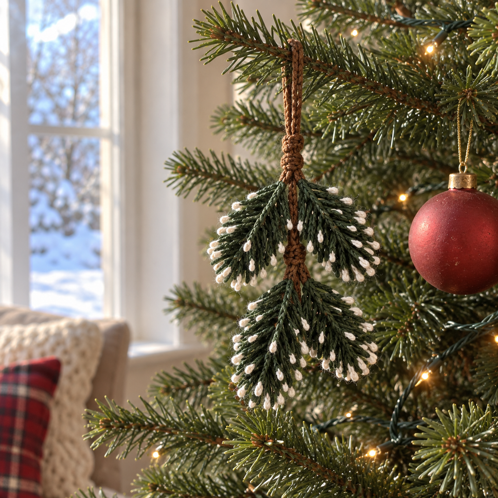 A dark green crocheted Snowy Pine Sprig with white yarn tips and a brown hanging loop hangs from a Christmas tree branch beside a red bauble near a window.
