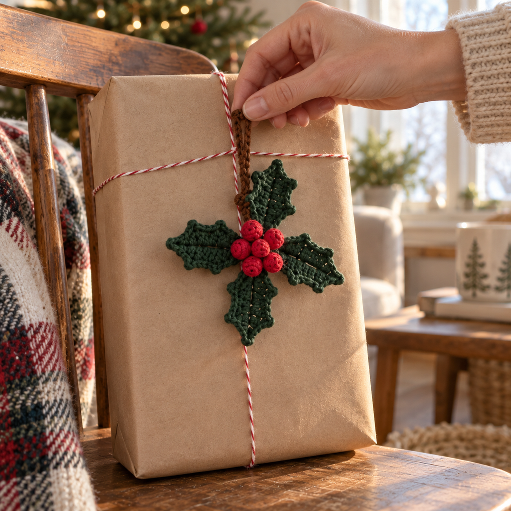 An adult hand adjusts a crocheted Holly ornament with pointed dark green leaves and red crochet berries on a kraft-paper gift tied with red-and-white twine.