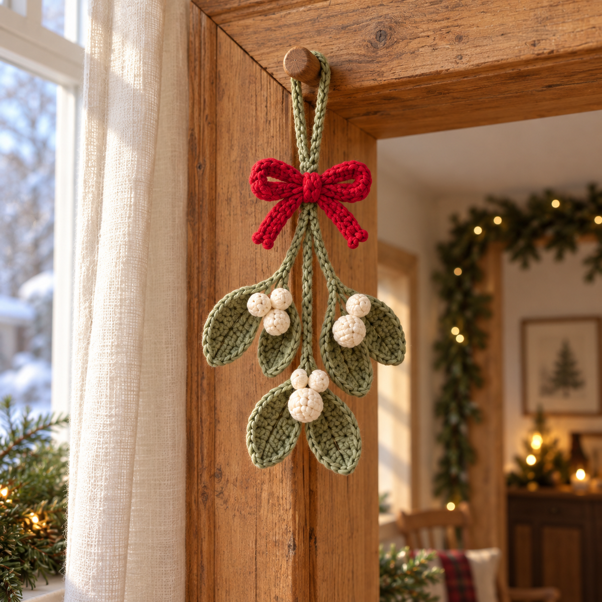 A pale green crocheted Mistletoe ornament hangs downward from a wooden doorframe, with oval leaves, creamy ivory crochet berries and a red crochet bow.