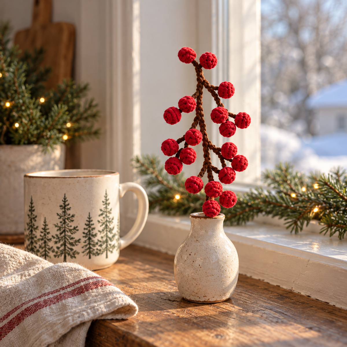 A leafless brown crocheted Winterberry sprig with red crochet berries stands in a small ceramic bud vase beside a mug at a sunlit windowsill.