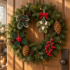 Four crocheted winter greenery ornaments are tucked into a real evergreen wreath on a wooden door, with brown crochet pinecones shown alongside.