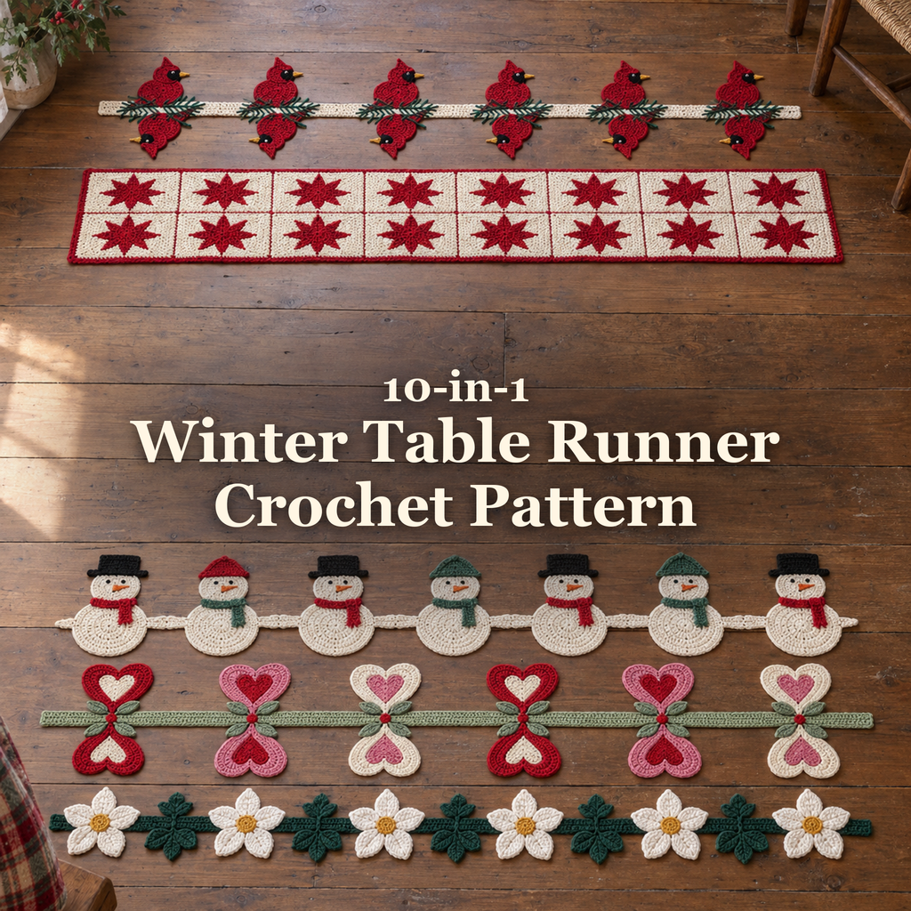 Five winter crochet table runners on a wooden floor, with the title 10-in-1 Winter Table Runner Crochet Pattern.