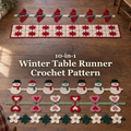 Five winter crochet table runners on a wooden floor, with the title 10-in-1 Winter Table Runner Crochet Pattern.