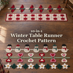 Five winter crochet table runners on a wooden floor, with the title 10-in-1 Winter Table Runner Crochet Pattern.