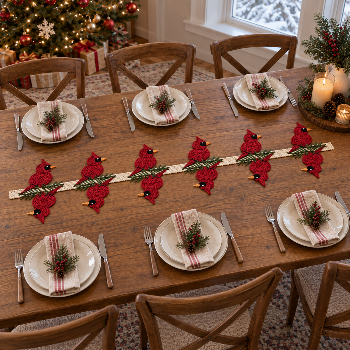 Red cardinal and green pine crochet runner across a wooden table set for Christmas dinner.
