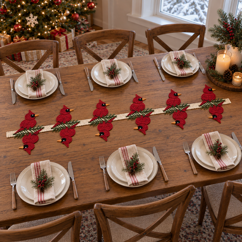 Red cardinal and green pine crochet runner across a wooden table set for Christmas dinner.