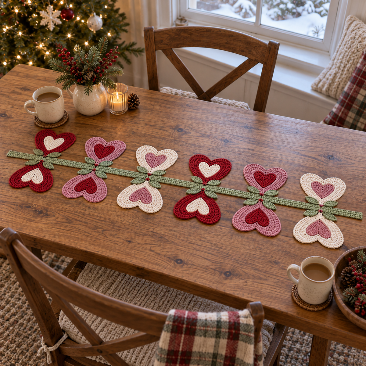 Red, rose and ivory heart crochet runner on a breakfast table by a snowy window.
