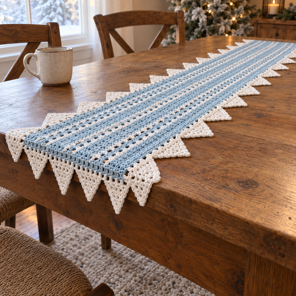 Ice-blue and white crochet lace with pointed edging draped over a wooden table edge.