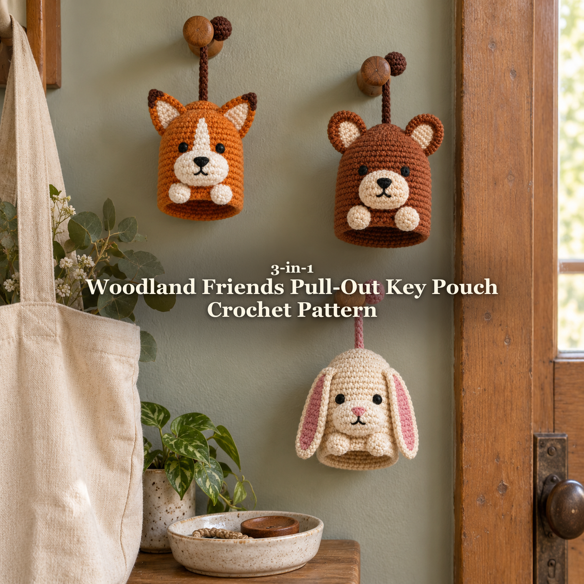 Orange fox, brown bear and cream bunny crochet key pouches hang from wooden pegs beside a canvas tote and plants, with the pattern title across the centre.