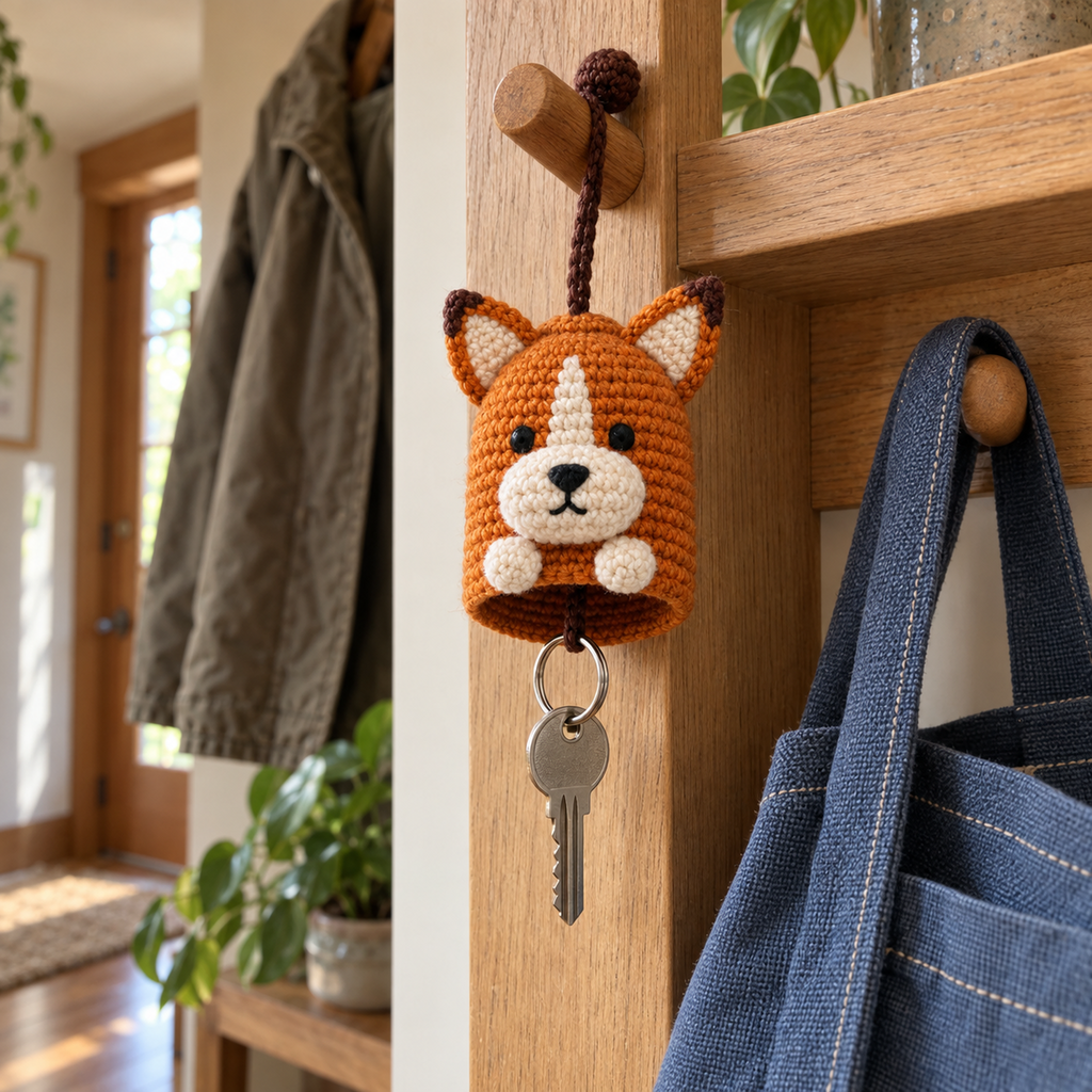 An orange fox crochet key pouch hangs from a wooden peg beside a blue canvas bag, with a silver keyring and key below its open bottom.