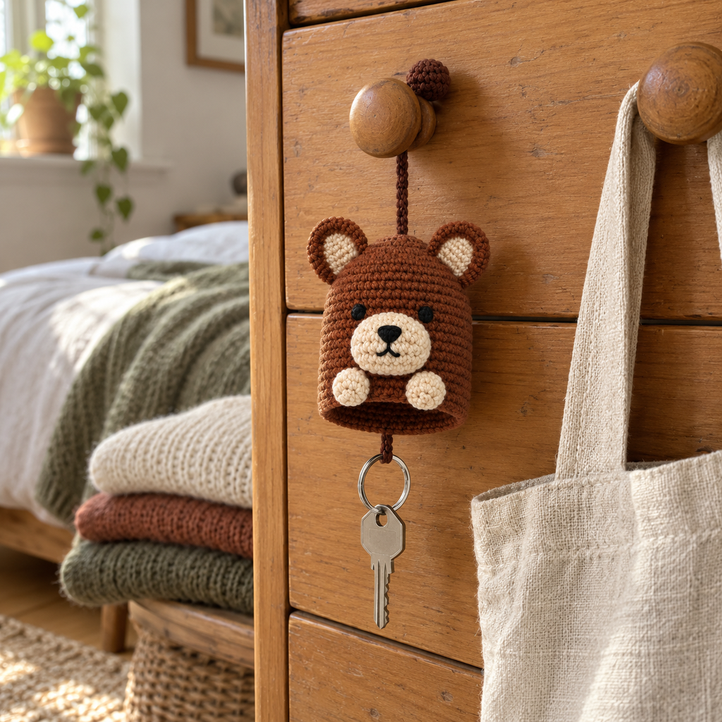 A brown bear crochet key pouch hangs from a wooden drawer knob beside a linen tote, with a silver keyring and key below its open bottom.