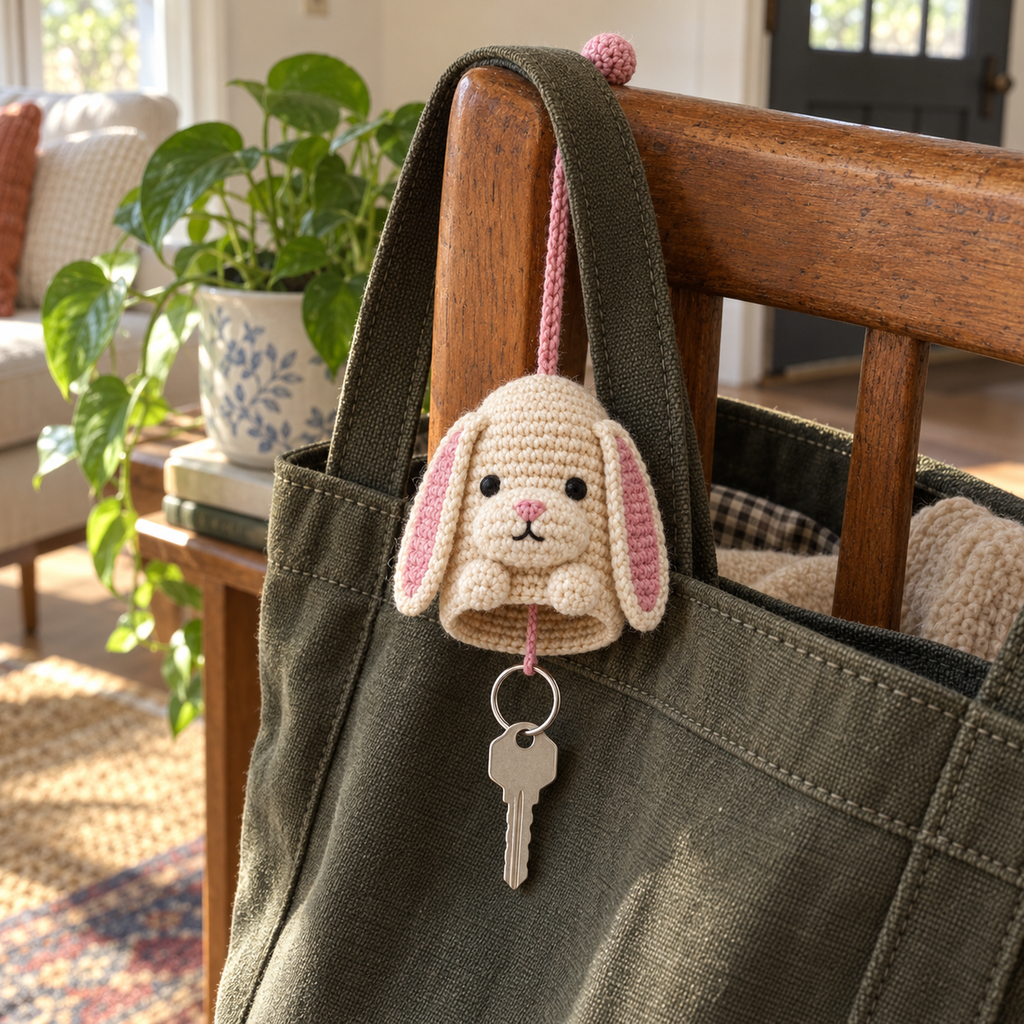 A cream bunny crochet key pouch with pink-lined floppy ears hangs against an olive canvas bag on a wooden chair, with a silver keyring and key below.