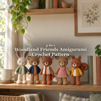 Five crochet woodland friends in sage, navy, oatmeal, dusty-rose and mustard outfits stand on a wooden bookshelf beside a mug and books, with the Woodland Friends Amigurumi Crochet Pattern title above them.