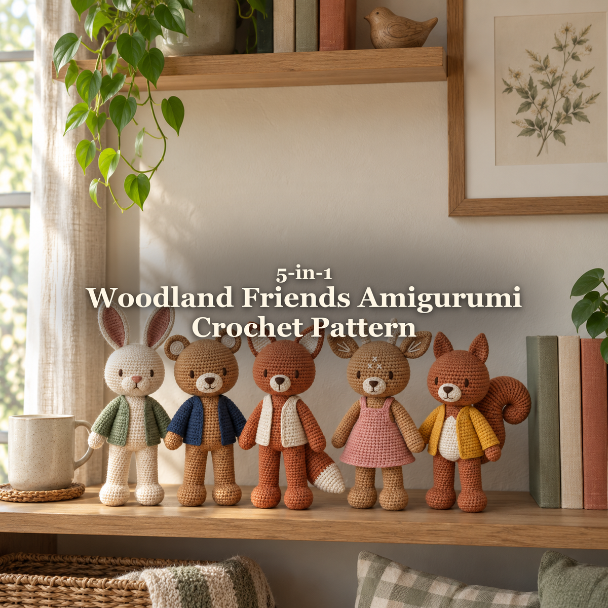 Five crochet woodland friends in sage, navy, oatmeal, dusty-rose and mustard outfits stand on a wooden bookshelf beside a mug and books, with the Woodland Friends Amigurumi Crochet Pattern title above them.
