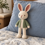Willow Bunny, an ivory crochet rabbit with rose-lined ears and a sage jacket, rests upright against a blue linen pillow on a quilted bed.